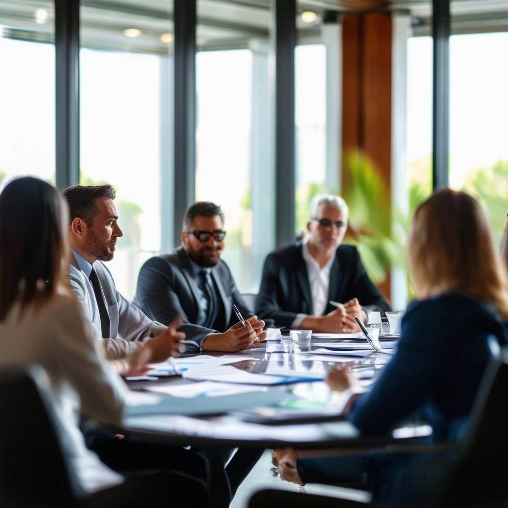 group of hotel managers sitting around a board table discussing financials group of hotel managers sitting around a board table discussing financials